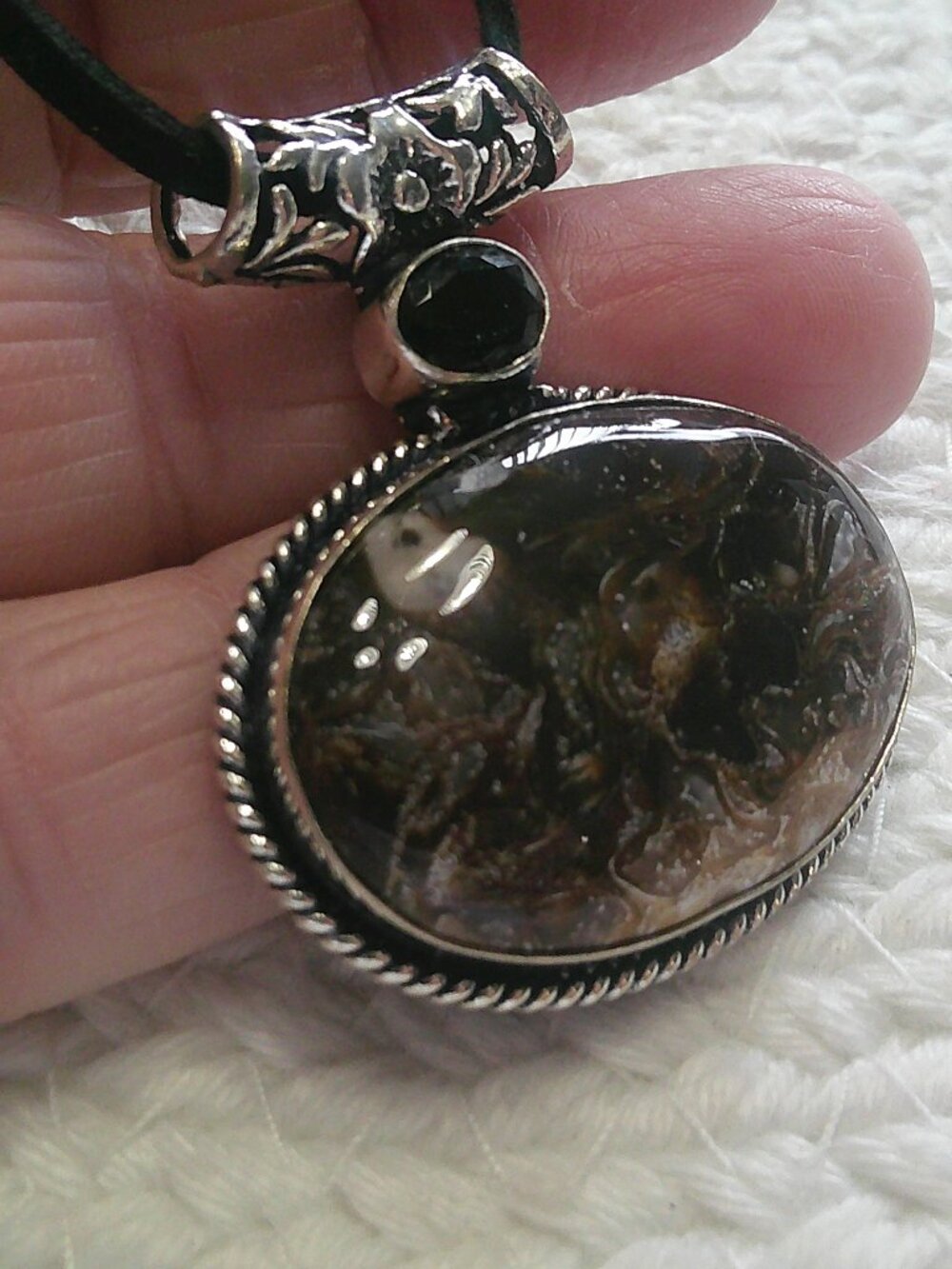 Gorgeous ROCK FOSSIL & BLACK ONYX Handmade Sterling 925 Pendant/Cord #201F